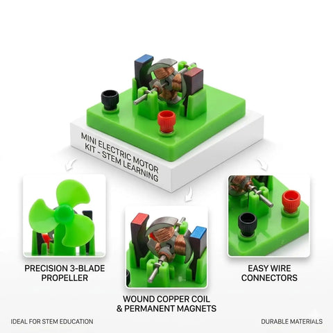 DC Electrical Motor Assembly Kit for STEM Learning Hands On Kids Lab Toy Green Educational Physics Experiments Motor Build Project for Home Classroom Kid Friendly Science Kit showing green base with copper coil, magnets, connectors.