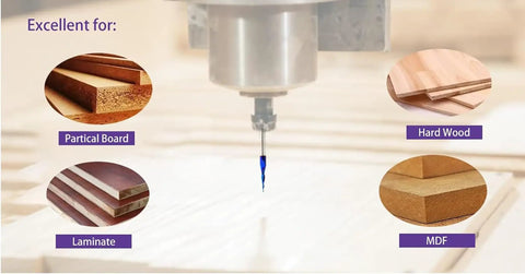 CNC machine using Pro-Grade 6.2 Degree Tapered Ball Nose Upcut CNC Router Bit for particle board, laminate, MDF, hard wood.