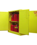 Top Tier Bulletproof Dual Access Flammable Storage Cabinet Rock Solid Heavy Duty Pass Through Safety Locker Clean Room Ready Osha Friendly Fm Approved Smart Verified 30 Gallon Yellow Four Door Industrial Grade Easy Install And Go with red containers.