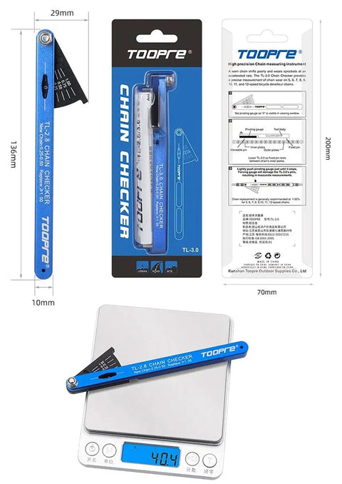 Durable Aluminum Bicycle Chain Wear Indicator Gauge Handy Portable Bike Maintenance Tool on digital scale and packaging