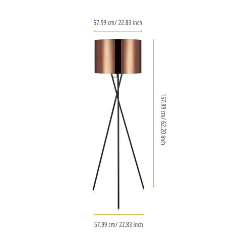 Modern Tripod Floor Lamp With Copper Drum Shade In Black Metal Finish for living room or office, size 22.83 inch, 62.20 inch