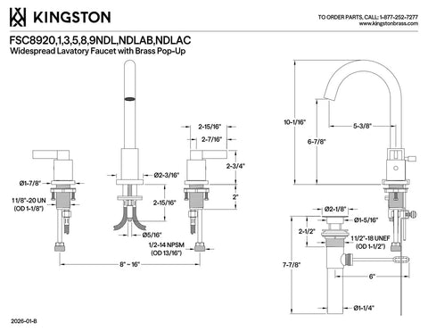 NuvoFusion Widespread Bathroom Faucet With Popup Drain In Polished Chrome, Solid Brass Build, deck mount diagram
