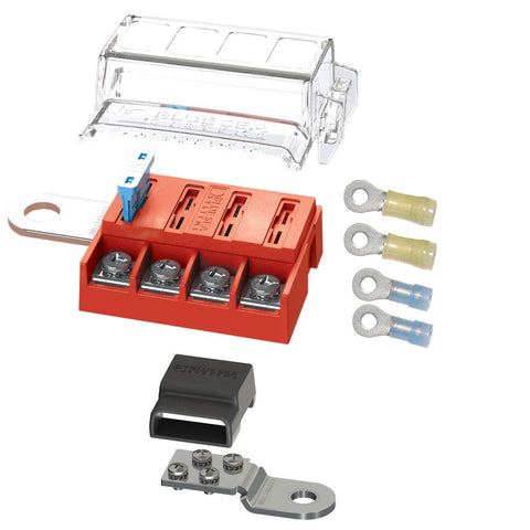 ST Blade Fuse Block Battery Terminal Mount 4 Way Kit with cover and ring terminals, 100 Amp Capacity, for ATC and ATO fuses