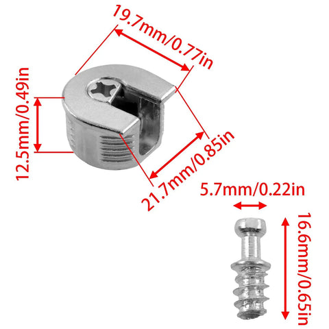 Top Rated Thread Cam Lock Cabinet Shelf Brackets With Tight Grip Stud Pins Silver Finish For Wooden Furniture And Closet Doors Built Tough Hardware Heavy Duty Hold Pack Of Ten close-up of zinc alloy cam lock and screw dimensions.