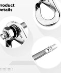 Three detailed views of Rock Solid Climbing Bolt Hangers With 8 Expansion Bolts, 16 Pcs M10 Anchor Point Gear For Rock Climbing, 304 Stainless Steel Set For Mountaineering And Caving, CE Certified Safety Equipment showcasing the M10 anchor, tension nut, and the expansion bolt in polished stainless steel against a white background displaying Product Details.