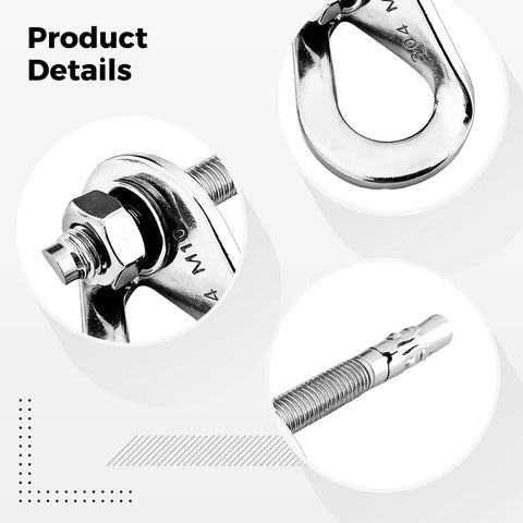 Three detailed views of Rock Solid Climbing Bolt Hangers With 8 Expansion Bolts, 16 Pcs M10 Anchor Point Gear For Rock Climbing, 304 Stainless Steel Set For Mountaineering And Caving, CE Certified Safety Equipment showcasing the M10 anchor, tension nut, and the expansion bolt in polished stainless steel against a white background displaying Product Details.
