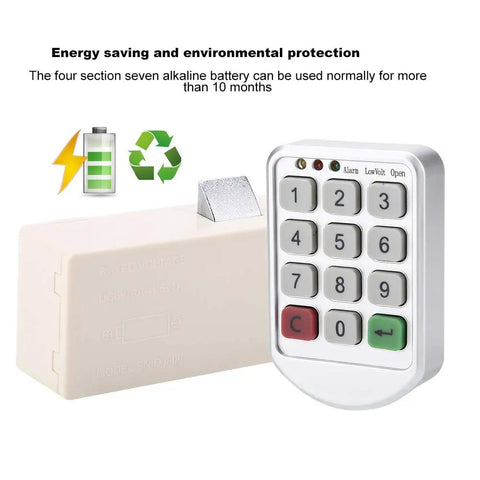 Code Lock Keypad Cabinet Lock with ABS Plastic Panel, close-up of keypad and battery section, long battery life feature shown