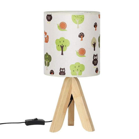 Tripod Table Lamp For Kids Bedroom Nightstand With Kid Friendly Cartoon Linen Lampshade, Wood Tripod Base, Compact Desk Light