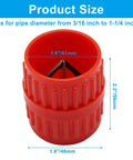 Two Piece Pipe Deburring Tool Set With Dual End Chamfer Reamer fits pipe diameters 3/16 to 1-1/4 inch, red handle view