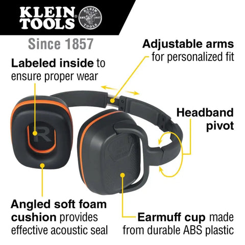 Behind-The-Head Ear Muffs With 25dB NRR Hearing Protection For Construction, Manufacturing, Maintenance And Woodworking, Adjustable Headband, Pivot Design For Easy Neck Storage, Comfortable All Day Use, showing labeled inside, adjustable arms, and headband pivot.