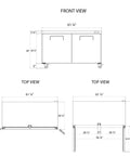 Hella Solid Heavy Duty Sixty Inch Two Door Undercounter Refrigerator In Silver For Commercial Kitchens Featuring Straight Shooter Cooling With Smooth Liftgate Freight Delivery front and top views with dimensions.