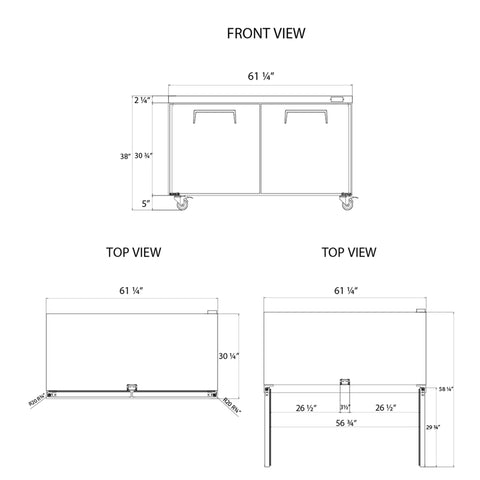 Hella Solid Heavy Duty Sixty Inch Two Door Undercounter Refrigerator In Silver For Commercial Kitchens Featuring Straight Shooter Cooling With Smooth Liftgate Freight Delivery front and top views with dimensions.
