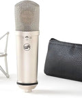 87 Style Large Diaphragm Condenser Microphone with shock mount nickel finish next to black pouch for home or pro setups