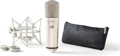 87 Style Large Diaphragm Condenser Microphone with shock mount nickel finish next to black pouch for home or pro setups