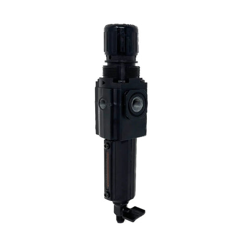 Rock Solid Combo Filter Regulator With One Quarter Inch Npt Connection And Knurled Dial For Sweet Pressure Control Featuring No Fuss Manual Quarter Turn Drain And Built Tough Short Metal Bowl That Keeps Compressed Air Crisp