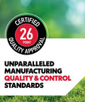 Certified 26 point quality approval label for manufacturing control standards on a grassy background.