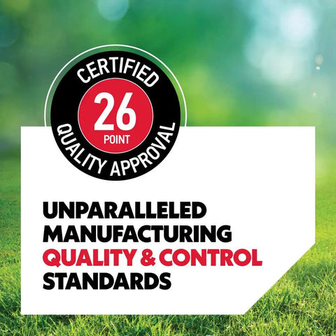Certified 26 point quality approval label for manufacturing control standards on a grassy background.