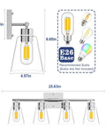 Dimensions of Chrome Four-Light Vanity Light Fixture Over Mirror With Clear Glass Shade, E26 Wall Sconce for Bedroom Hallway Farmhouse