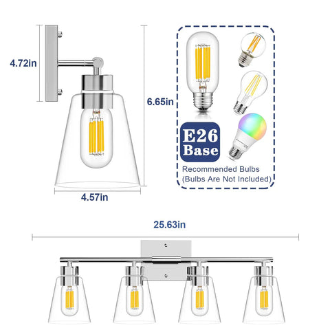 Dimensions of Chrome Four-Light Vanity Light Fixture Over Mirror With Clear Glass Shade, E26 Wall Sconce for Bedroom Hallway Farmhouse