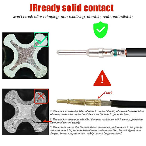 DT Connector Solid Contacts Kit For 14-16 AWG Wire showcasing contact durability and crack resistance with detailed pin and socket images.