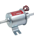 Universal 12V Inline Fuel Pump Low Pressure 5 To 9 PSI For Gas And Diesel Engines, silver cylindrical design, wiring shown