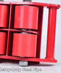 Industrial Moving Skates 4 Pack Roll Right Along With Pu Wheel Dollies Built Tough For Massive Loads Featuring Non Slip 360 Rotate Plate detailed view of red wheels and steel chassis.