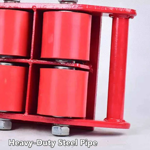 Heavy Duty Machinery Moving Skates With Pu Wheels And 360 Rotating Anti Slip Trays showing heavy-duty steel pipe with red wheels.