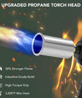 Beast Mode Propane Culinary Torch Gun With Adjustable Flame For Searing Steak, Grilling, Campfire Starts And Welding Prep, Fast Char, Browning And Precision Gas Control For BBQ And More, Gas Not Included showing torch head with blue flame