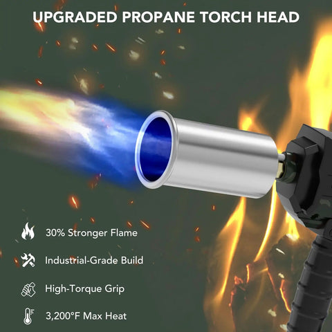 Beast Mode Propane Culinary Torch Gun With Adjustable Flame For Searing Steak, Grilling, Campfire Starts And Welding Prep, Fast Char, Browning And Precision Gas Control For BBQ And More, Gas Not Included showing torch head with blue flame