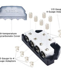 Beefy Six Way Power Distribution Block For Car Audio Grounding With Forged Brass Construction Marine Grade Satin Chrome Finish Two In And Four Out From Gauges 0 2 4 In And 0 2 4 Out High Temperature Polycarbonate Base For Maximum Power Transfer. 1/0 to 4 gauge adapters, polycarbonate cover