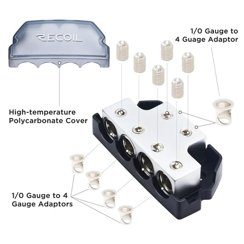 Beefy Six Way Power Distribution Block For Car Audio Grounding With Forged Brass Construction Marine Grade Satin Chrome Finish Two In And Four Out From Gauges 0 2 4 In And 0 2 4 Out High Temperature Polycarbonate Base For Maximum Power Transfer. 1/0 to 4 gauge adapters, polycarbonate cover