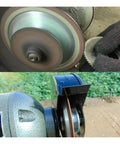 Top Shelf 6 Inch Dish Resin Diamond Grinding Facing Wheel For Carbide Circle Saw Blade Sharpening 180 Grit on bench grinder close-up.