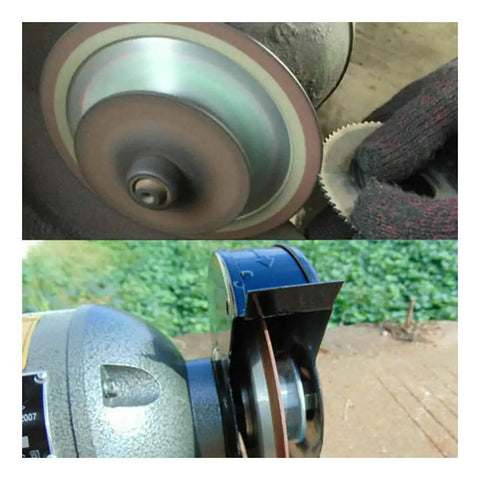 Top Shelf 6 Inch Dish Resin Diamond Grinding Facing Wheel For Carbide Circle Saw Blade Sharpening 180 Grit on bench grinder close-up.