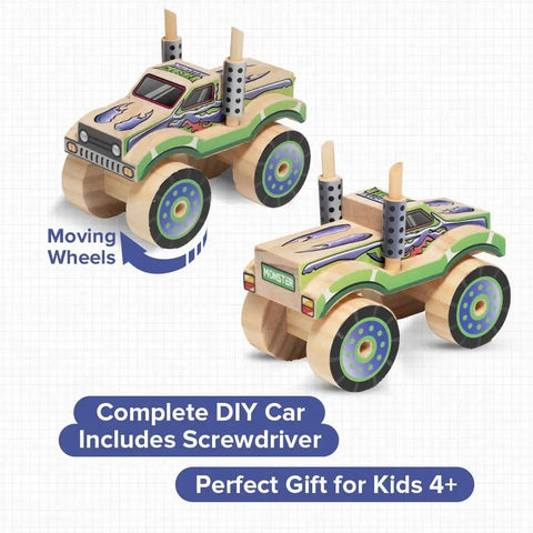 Monster Truck DIY Wood Kit For Kids 4-7 With Screws, Screwdriver, And Sticker Sheet, Kid-Friendly STEM Craft Kit For Home And School, Learn Basic Woodworking While Building A Cool Monster Truck. Wooden DIY monster truck kit with moving wheels and screwdriver