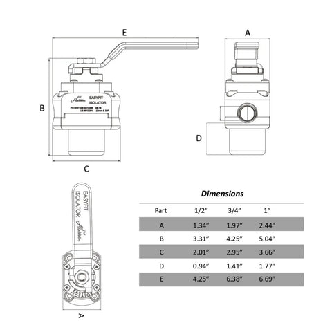 1 Inch Push Fit Isolator Valve Complete Kit Copper Pex Tubing dimensions diagram labeled with measurements and part identifiers.