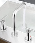 8 Inch Polished Chrome Widespread Bathroom Sink Faucet For 3 Hole Vanity With cUPC Certified Supply Lines 1.2 GPM Brass Construction Built To Last And Water Efficient installed on vanity