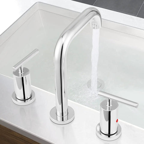 8 Inch Polished Chrome Widespread Bathroom Sink Faucet For 3 Hole Vanity With cUPC Certified Supply Lines 1.2 GPM Brass Construction Built To Last And Water Efficient installed on vanity