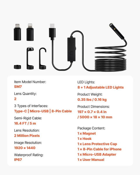 Dual Lens Endoscope Camera With Light For Android And iOS 1920P HD Borescope With 8 And 1 LED Lights 2x Zoom 16.4ft cable with adapters and hooks