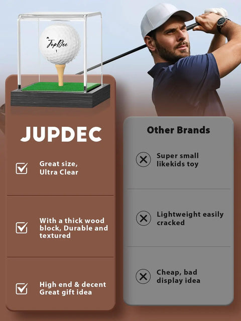 Clear Acrylic Golf Ball Display Case With Wood Base And Tee Dust Proof Memorabilia Stand For One Ball Black Finish Storage Box For Collectors Dope Gift Idea with golfer in background.