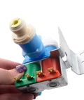 Model Specific Refrigerator Water Inlet Valve Replacement W10247725 held in hand showing connectors