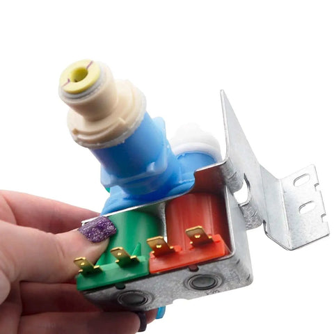 Model Specific Refrigerator Water Inlet Valve Replacement W10247725 held in hand showing connectors