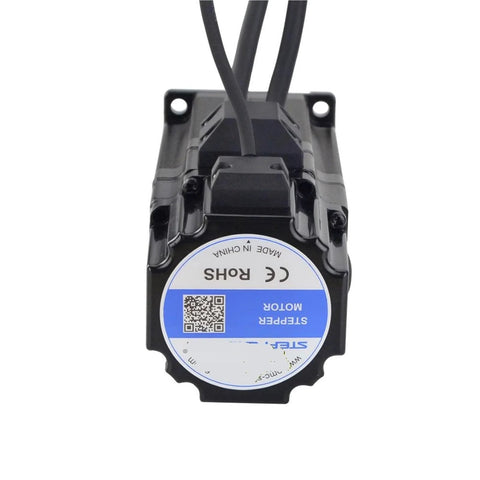Front view of NEMA 23 closed-loop stepper motor with encoder and electromagnetic brake, black housing.