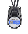 Front view of NEMA 23 closed-loop stepper motor with encoder, black housing and three-wire cables.