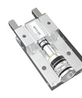 Pneumatic finger cylinder HFY6 actuator, silver metal body with black seals, mounted on base