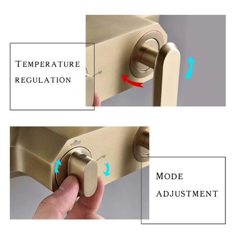 UBNMIUBV Rainfall Shower System Gold, Luxury Brass Shower Faucet Set showing temperature regulation and mode adjustment knobs.