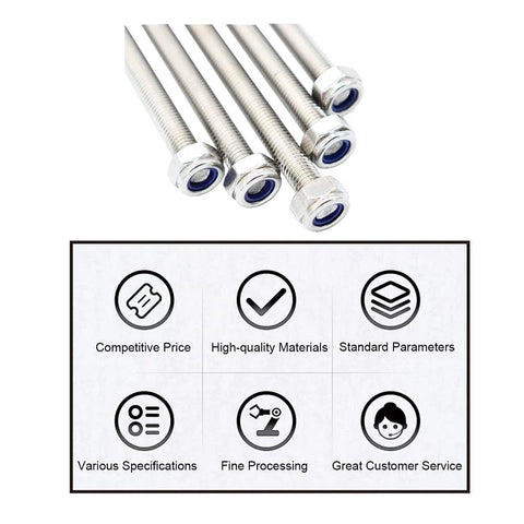 Five stainless steel M8x250mm fully threaded rods with hex nuts and blue nylon inserts