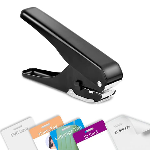 Heavy Duty Slot Punch Handheld Hole Puncher All Metal ID Card Puncher for PVC cards, badges, and tags with adjustable depth.