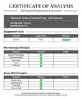 Certificate of Analysis for Lithium Orotate 5mg Mood Support Supplement, 240 Veggie Capsules, tested for purity and safety.