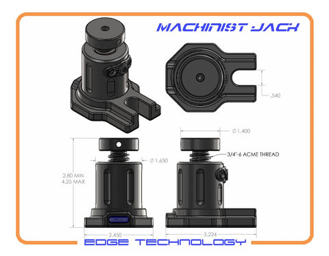 Beefy Heavy Duty Machinist Jack For Milling Machines With Three Quarters To Six ACME Screw Large 1.4 Inch Contact Pad Brass Locking Boltable Base Five Eighth Inch T Nut Included For Rock Solid Height Keeping diagram