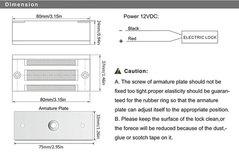 Dimensions of Heavy Duty 130 Lbs Electric Magnetic Lock For Single Door Access Control 12V Fail Safe Stainless Steel Compact Design.